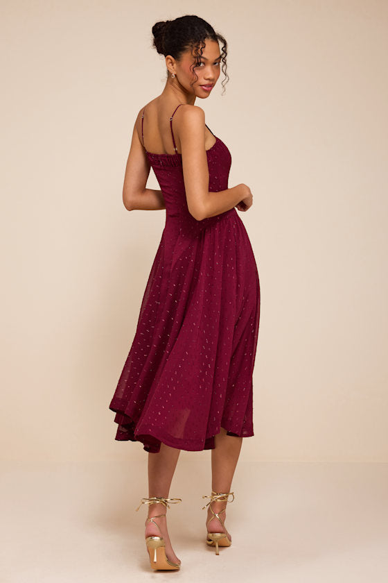 Arianna Burgundy Clip Dot Lurex Midi Dress
