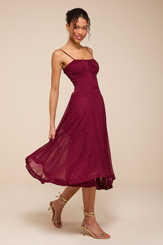 Arianna Burgundy Clip Dot Lurex Midi Dress