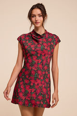 Ariya Red Multi Floral Satin Mock Neck Mini Dress