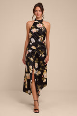 Celinda Black Multi Floral Satin Halter Midi Dress