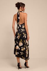 Celinda Black Multi Floral Satin Halter Midi Dress