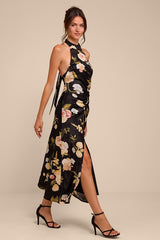 Celinda Black Multi Floral Satin Halter Midi Dress