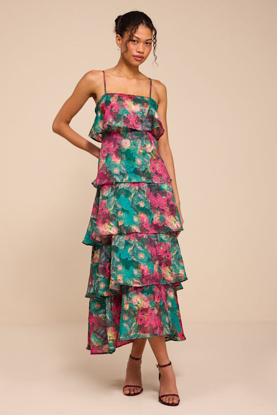 Nia Teal Multi Jacquard Organza Tiered Midi Dress
