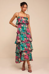Nia Teal Multi Jacquard Organza Tiered Midi Dress