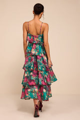 Nia Teal Multi Jacquard Organza Tiered Midi Dress