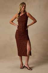 Remi Brown Lace Twisted Strap Midi Dress