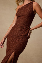 Remi Brown Lace Twisted Strap Midi Dress