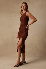 Remi Brown Lace Twisted Strap Midi Dress