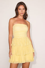 Bretta Light Yellow Lurex Pleated Tiered Mini Dress