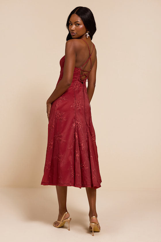 Ailene Red Embroidered Bustier Midi Dress
