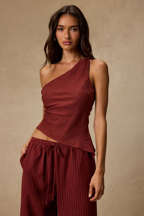 Ives Rust Red Pinstriped Asymmetrical Top