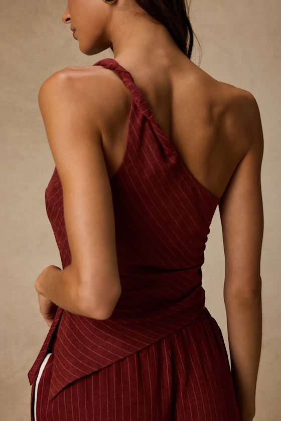 Ives Rust Red Pinstriped Asymmetrical Top