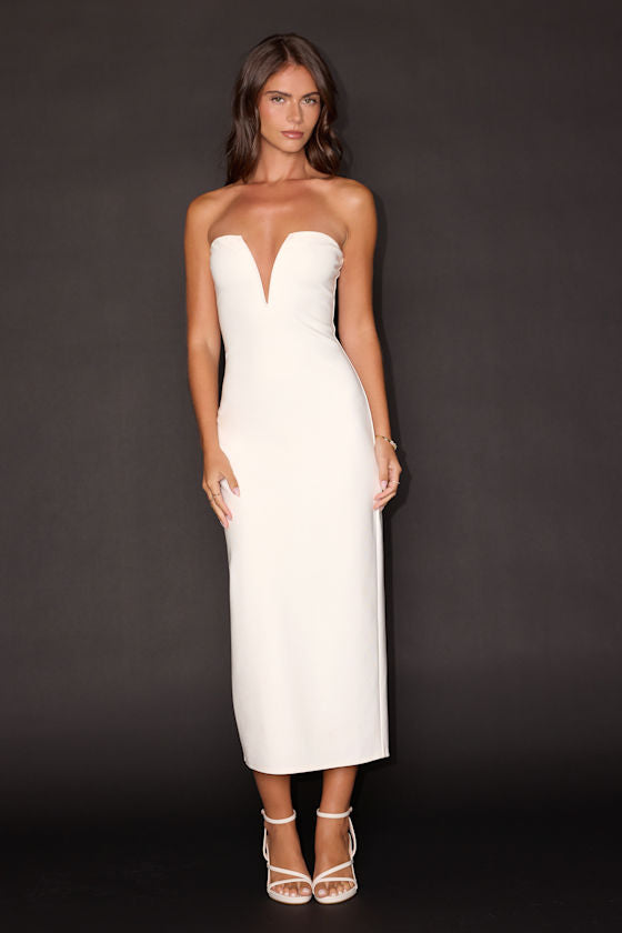 Iniko White Strapless Bodycon Midi Dress