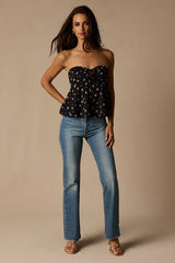 Rinna Black Floral Strapless Peplum Top