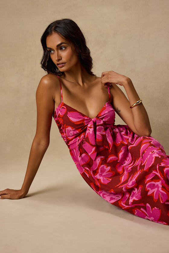 Sparrow Red and Pink Floral Tie-Front Midi Dress