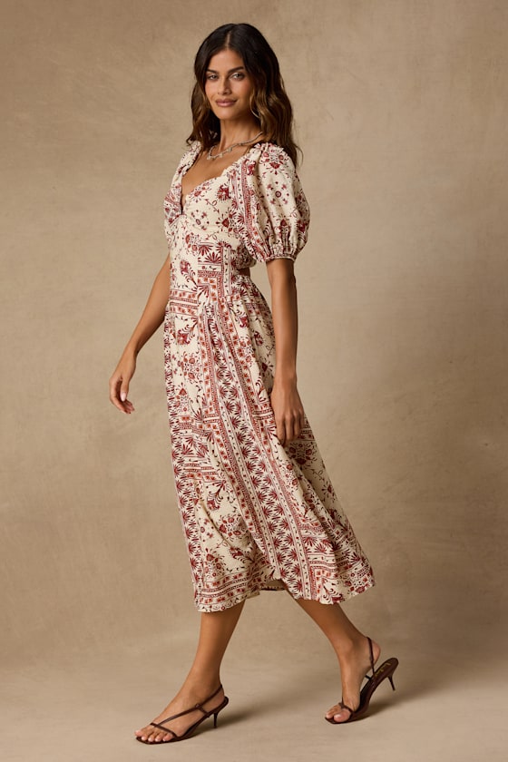 Lucia Cream and Rust Boho Print Midi Dress