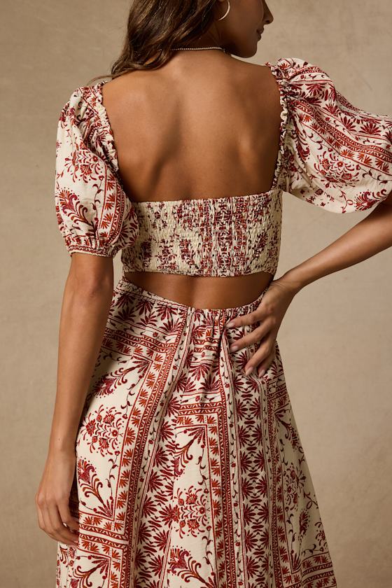 Lucia Cream and Rust Boho Print Midi Dress
