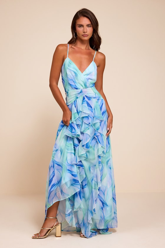 Astraea Light Blue Abstract Surplice Ruffled Maxi Dress