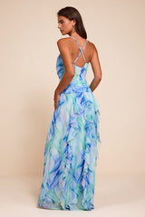 Astraea Light Blue Abstract Surplice Ruffled Maxi Dress