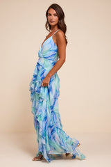 Astraea Light Blue Abstract Surplice Ruffled Maxi Dress