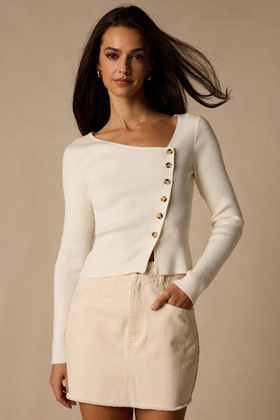 Modern Status Ivory Asymmetrical Button-Front Sweater Top