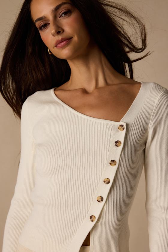 Modern Status Ivory Asymmetrical Button-Front Sweater Top