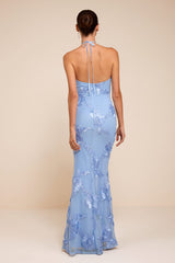 Celyna Light Blue Mesh Floral Applique Maxi Dress
