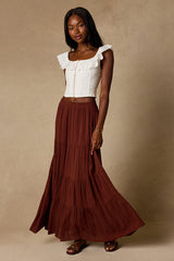 Sunset by the Sea Brown Embroidered Tiered Maxi Skirt