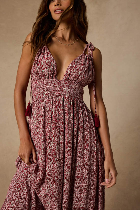 Field Day Wine Red Print Tie-Strap Maxi Dress