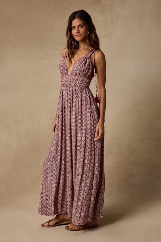 Field Day Wine Red Print Tie-Strap Maxi Dress