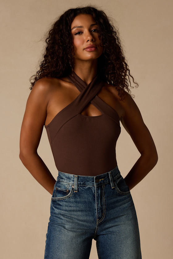 Essential Energy Brown Ribbed Sleeveless Cutout Cross-Front Top
