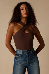 Essential Energy Brown Ribbed Sleeveless Cutout Cross-Front Top