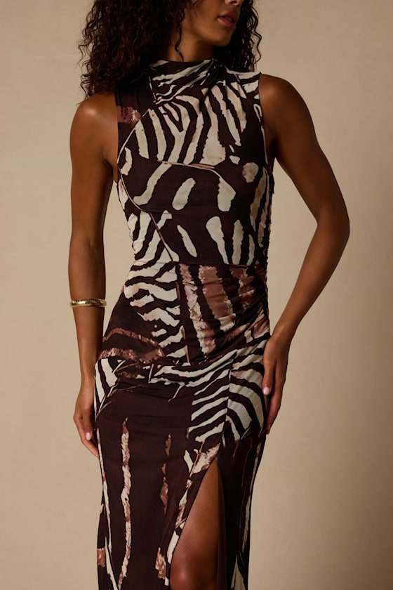 Rosannah Brown Multi Abstract Mesh Mock Neck Midi Dress