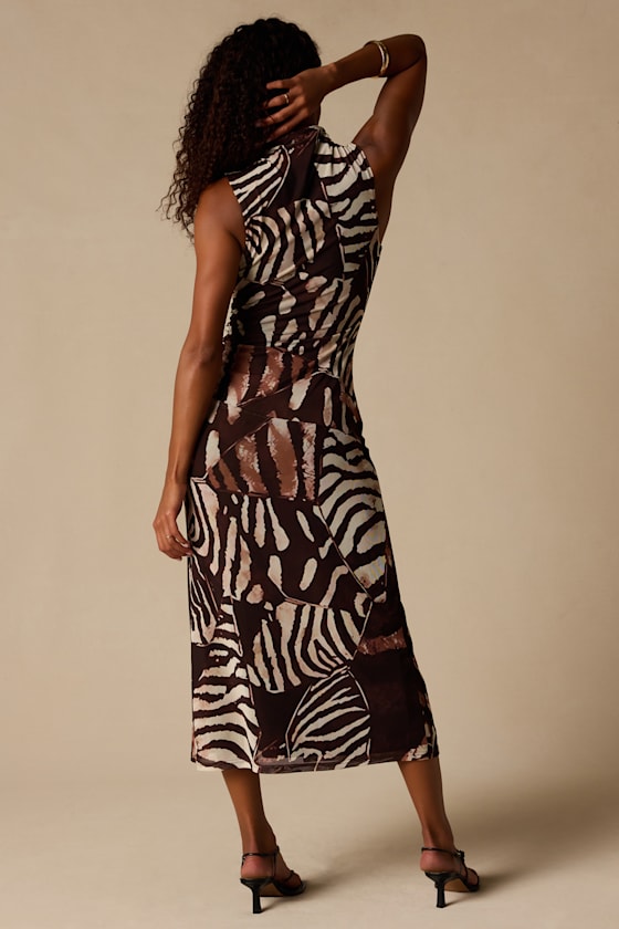 Rosannah Brown Multi Abstract Mesh Mock Neck Midi Dress