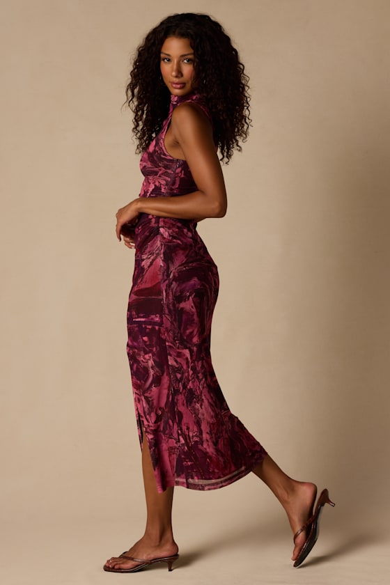 Rosannah Mauve Multi Abstract Mesh Mock Neck Midi Dress