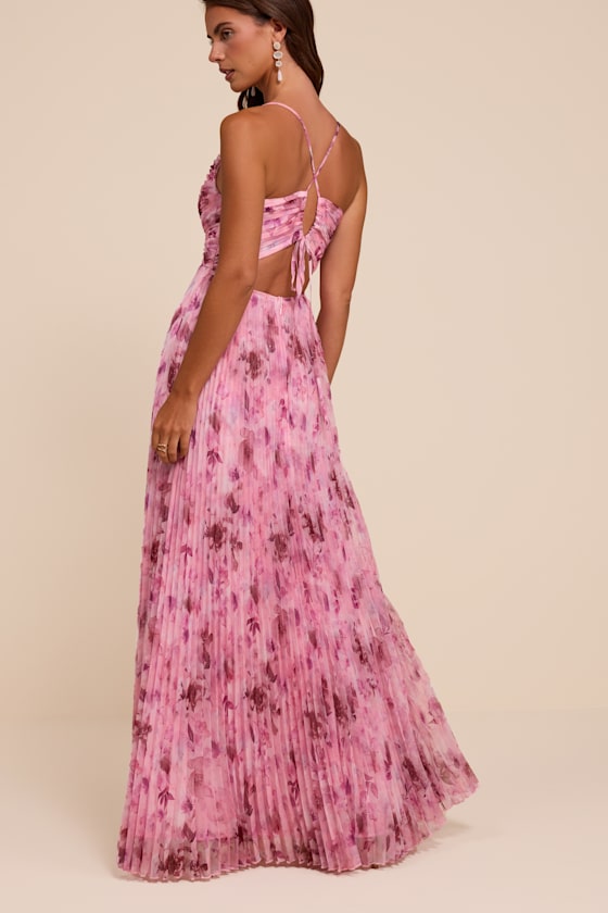 Whitley Light Pink Floral Pleated Sleeveless Maxi Dress