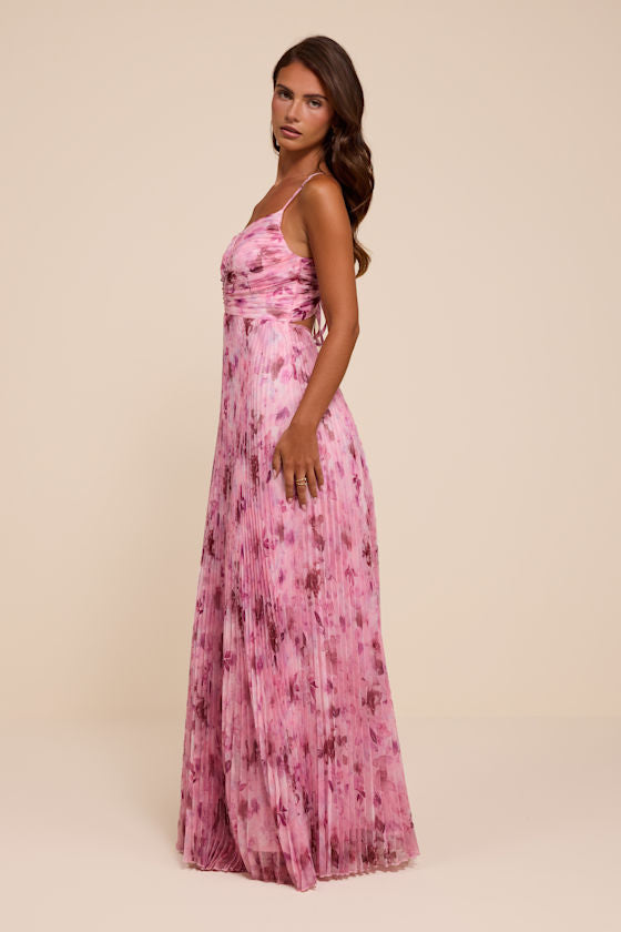 Whitley Light Pink Floral Pleated Sleeveless Maxi Dress