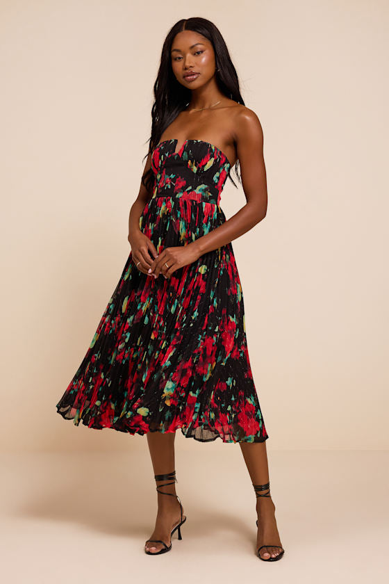 Renna Black Multi Abstract Strapless Midi Dress
