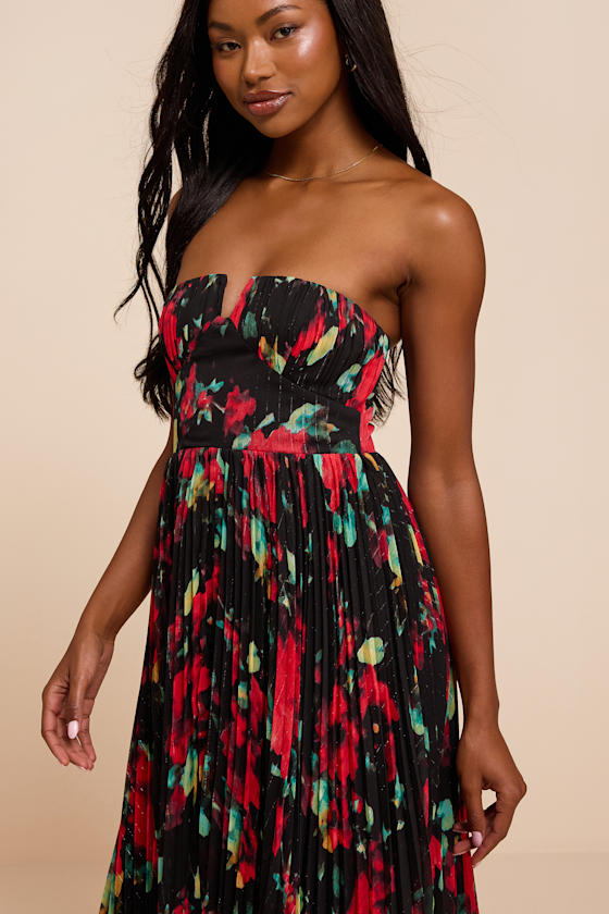 Renna Black Multi Abstract Strapless Midi Dress
