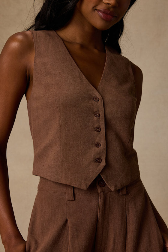 Suits You Perfectly Brown Linen Vest
