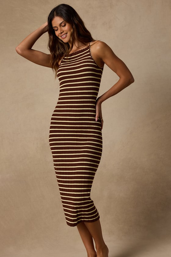 Naisha Brown and Yellow Striped Ribbed Knit Midi Dress