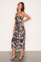 Alette Black Multi Floral Embroidered Column Midi Dress