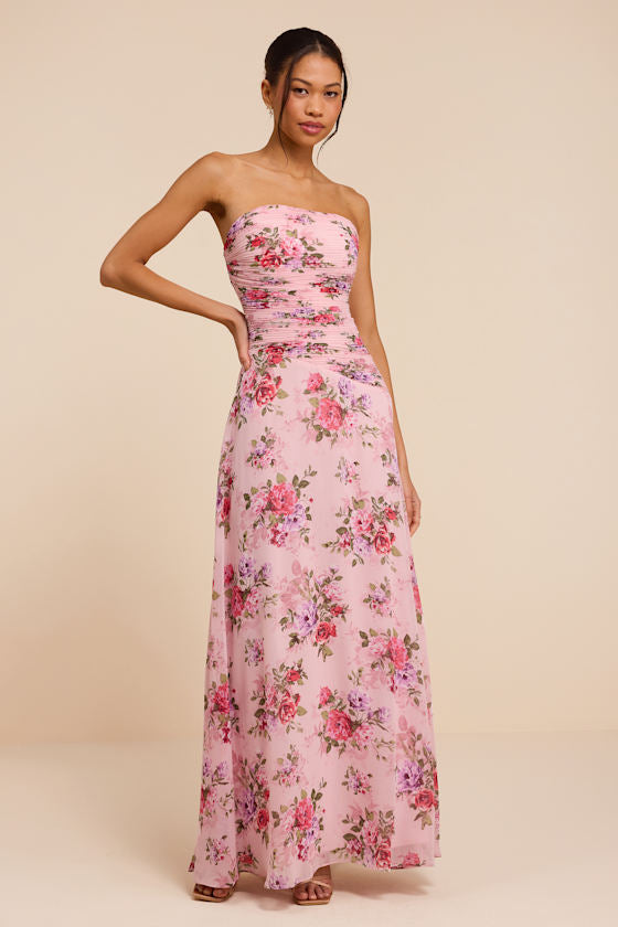 Tanya Pink Multi Satin Pleated Maxi Dress
