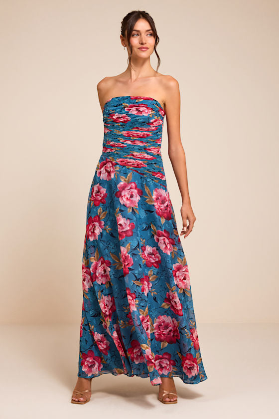 Tanya Blue Multi Satin Pleated Maxi Dress