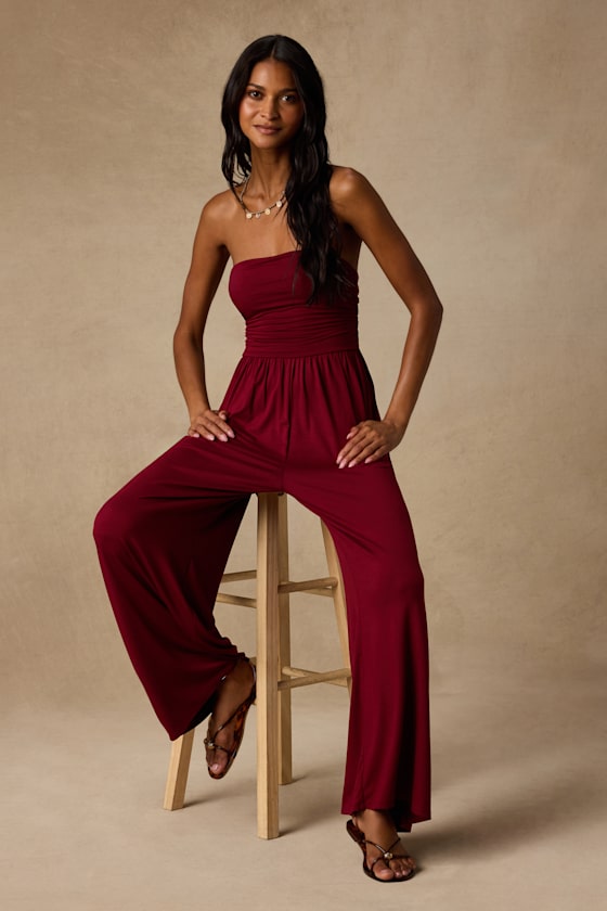 Flirty Posture Burgundy Jersey Knit Strapless Jumpsuit