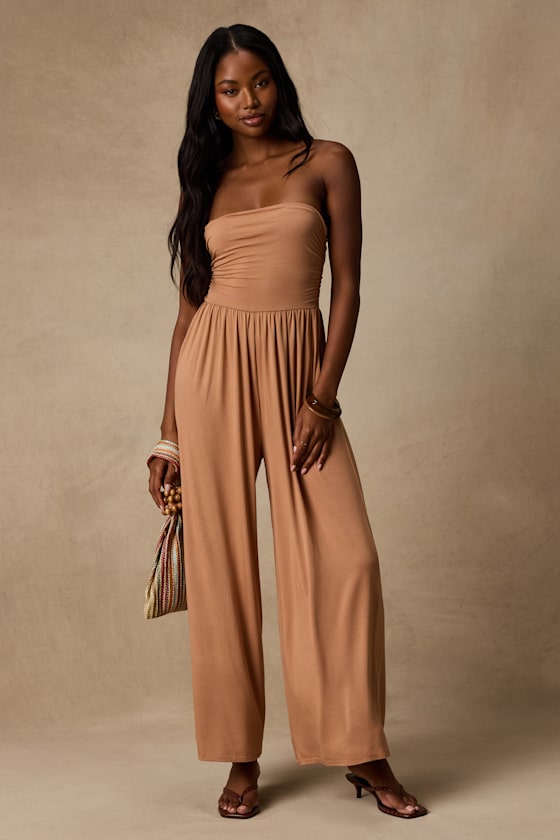 Flirty Posture Light Brown Jersey Knit Strapless Jumpsuit
