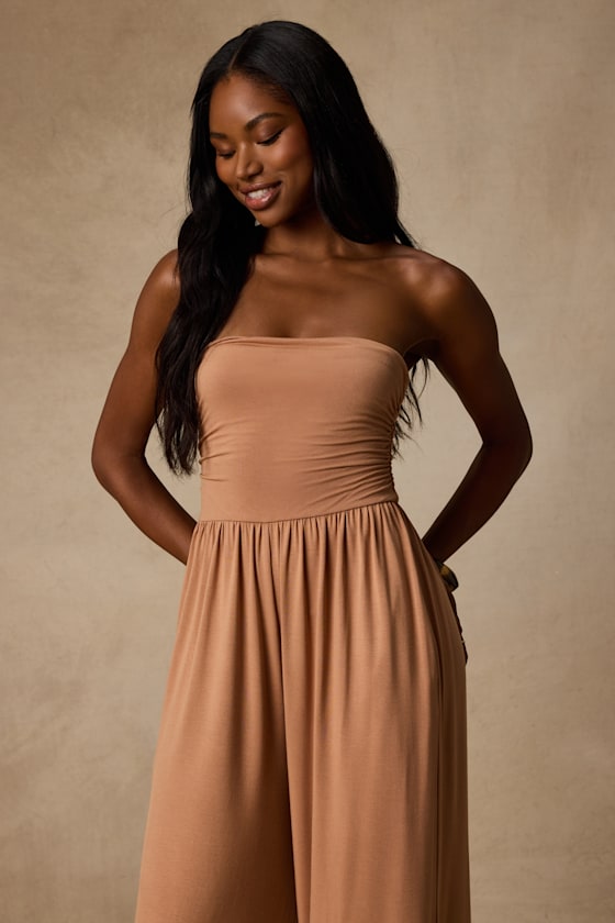 Flirty Posture Light Brown Jersey Knit Strapless Jumpsuit