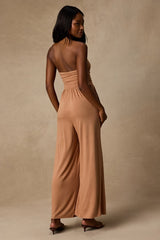 Flirty Posture Light Brown Jersey Knit Strapless Jumpsuit