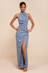 Felicia Slate Blue Floral Burnout Column Maxi Dress