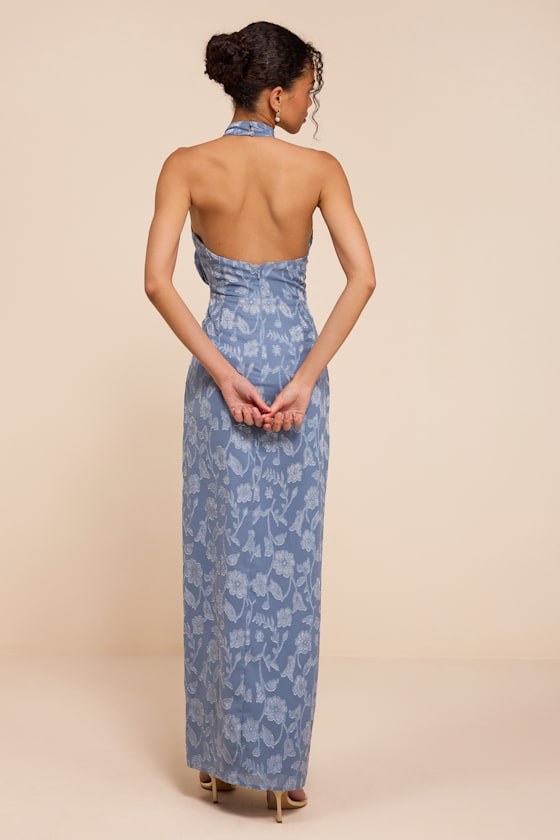 Felicia Slate Blue Floral Burnout Column Maxi Dress